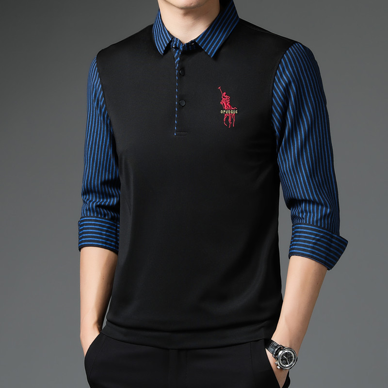 春秋新款T恤男长袖衬衫领薄款男装假两件条纹刺绣打底体恤衫男潮