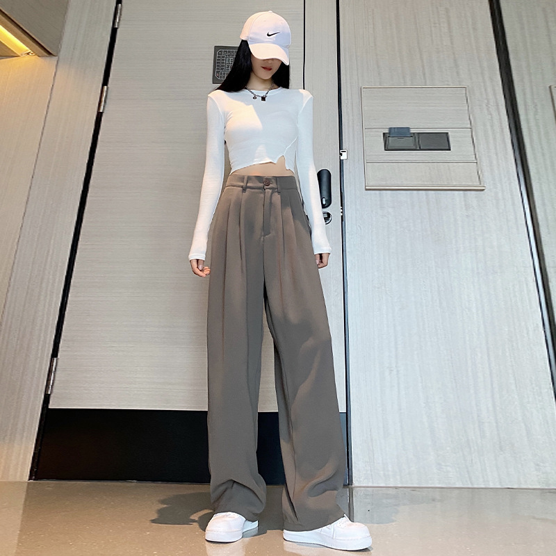 卡其宽松西装阔腿裤女2021秋季新款垂感高腰直筒休闲裤显瘦拖地裤