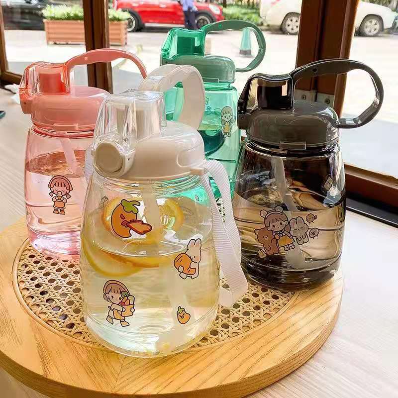 网红大肚子抖音女儿童学生大容量塑料水壶吸管杯背带手提水杯子