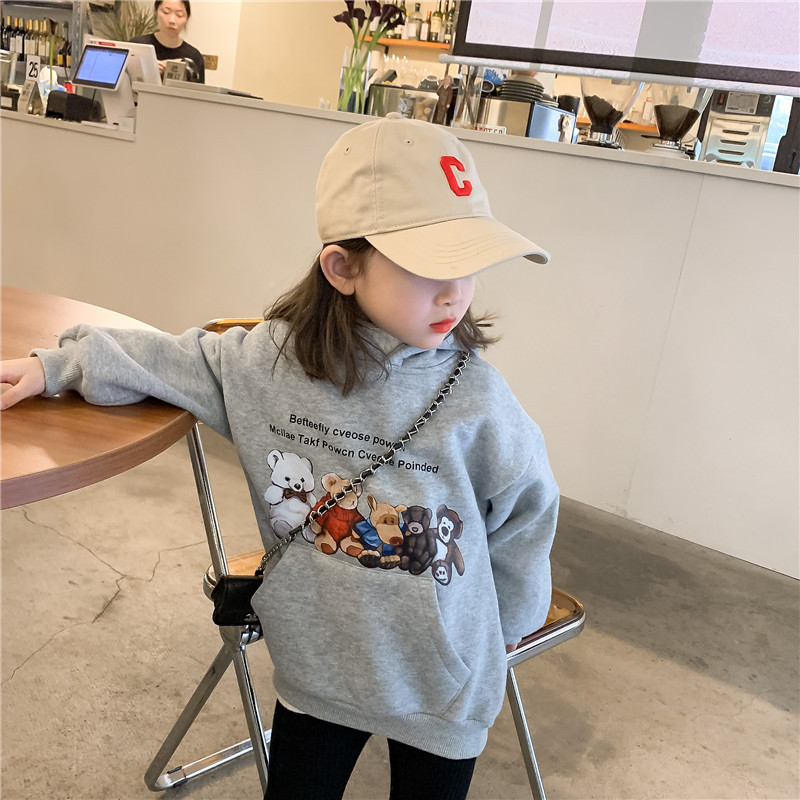 女童卡通卫衣2021秋冬款韩版小熊印花连帽休闲卫衣时尚可爱卫衣潮