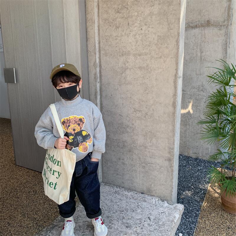 儿童加绒卫衣2021冬款新品韩版男女童帅气小熊半高领套头衫上衣潮