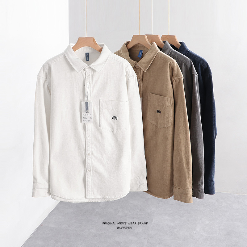 日系秋冬男士新款雪花绒长袖衬衫加厚落肩款外套寸衣 D222