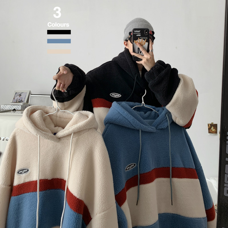 批发现货羊羔毛卫衣女装秋冬季韩版宽松港风加绒加厚拼色连帽外套