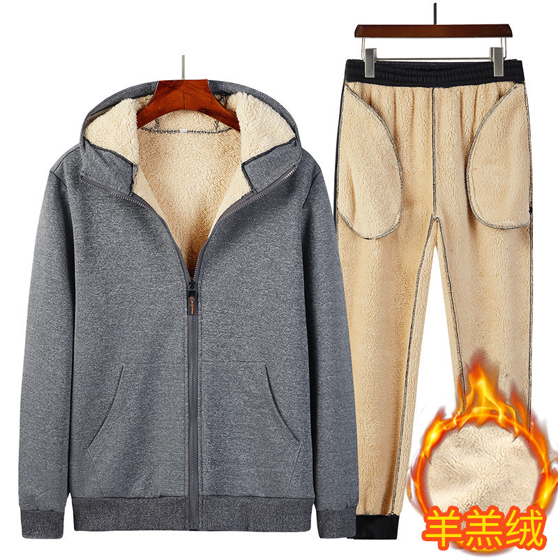 速卖通亚马逊秋冬季男士连帽加绒加厚羊羔绒外套长裤大码休闲套装