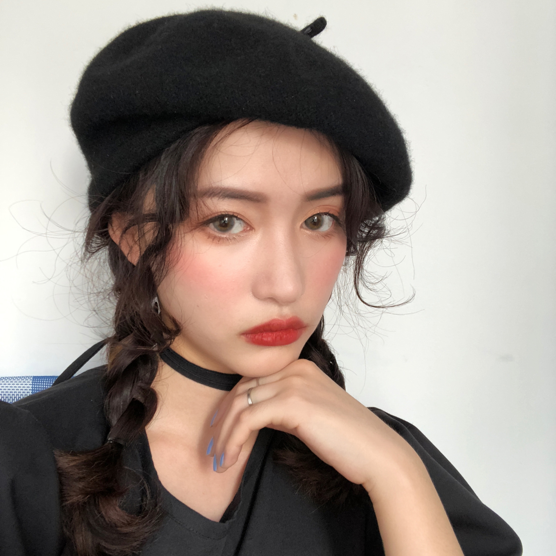 蜗牛爬爬家黑色复古羊毛贝雷帽女秋冬日系百搭冬季保暖毛呢帽女潮
