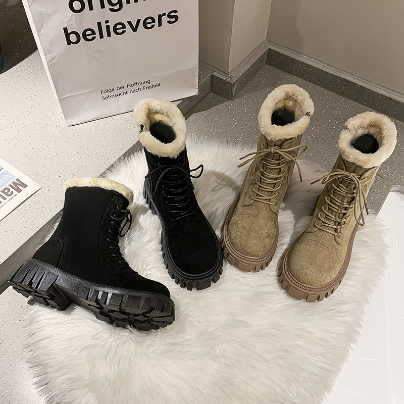 厚底加绒加厚雪地靴女2021秋冬新款粗跟舒适保暖防滑系带短筒棉靴