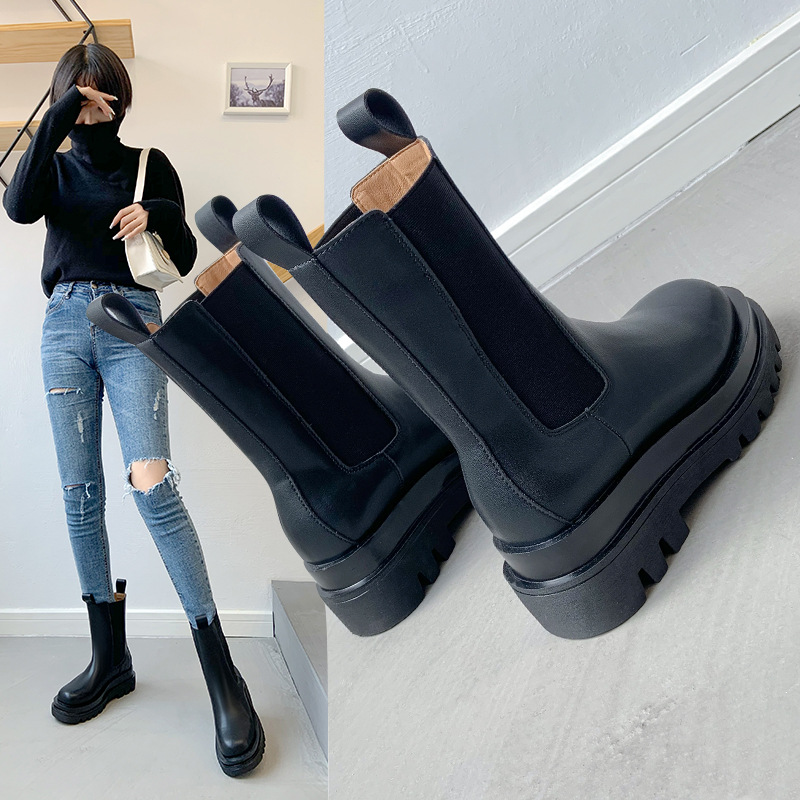 mona网红同款真皮切尔西靴女2021秋冬季厚底烟筒靴长筒马丁靴女鞋
