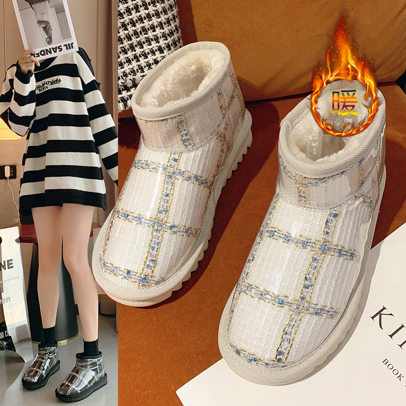 短筒雪地靴女2021年冬季新款圆头透明休闲拼色平底加绒保暖女靴潮