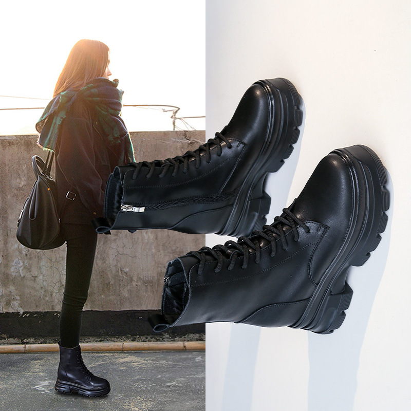 马丁靴女2021新款短靴圆头显瘦内增高8CM靴子女厚底松糕女式皮靴