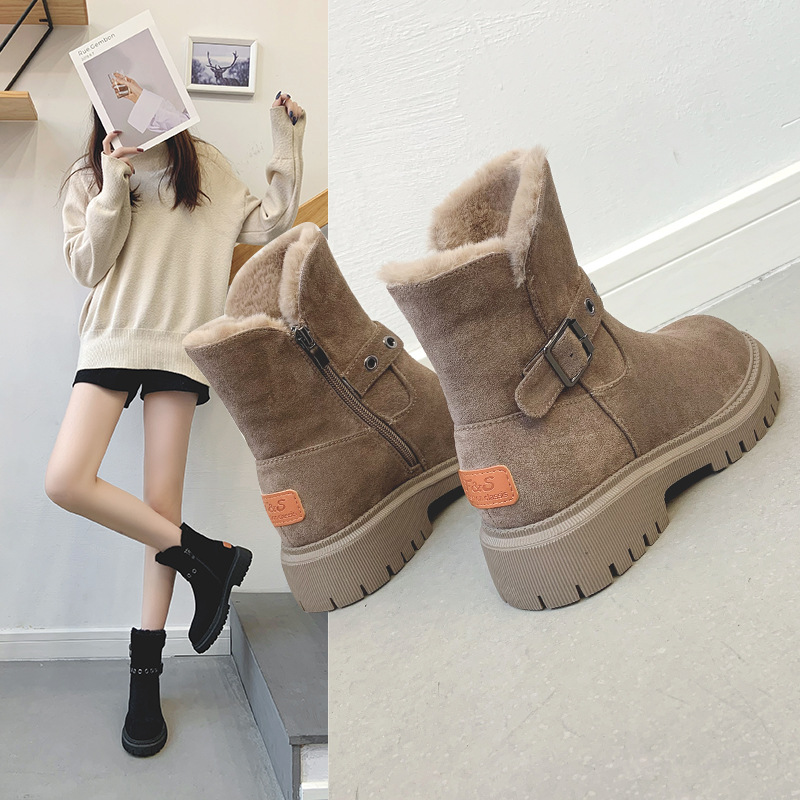 意万达雪地靴女皮毛一体2021冬季新款领口兔毛加绒棉鞋女真皮女靴