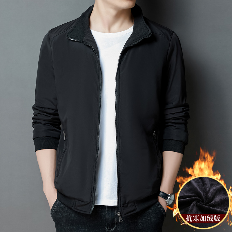 可印logo秋冬男装男士纯色长袖圆领加绒休闲男式时尚绅士夹克外套