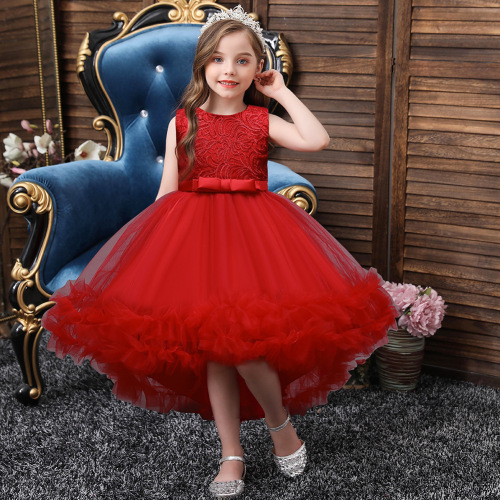 Korean Style Children‘s Full Dress Lace Girls‘ Costume Solid Color Medium and Big Children Trailing Skirt Princess Swallowtail Spot