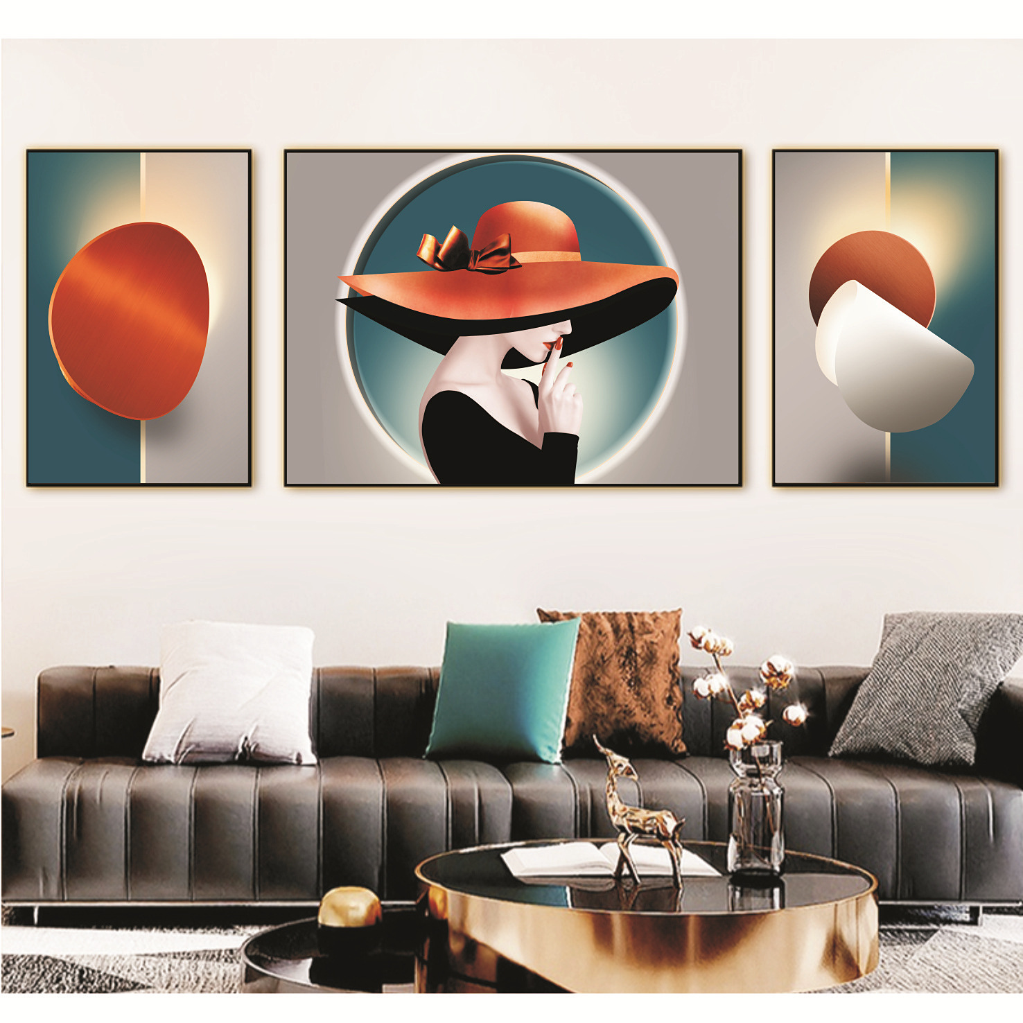 现代轻奢人物客厅装饰画沙发背景墙壁画北欧大气晶瓷三联挂画