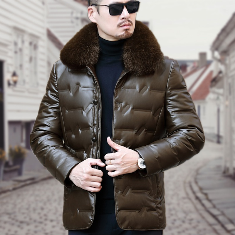 冬季新款中年男式真皮羽绒服男中长款狐狸毛领男士皮夹克男装外套
