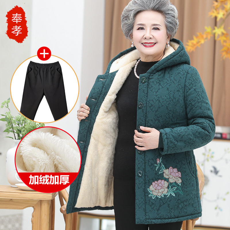 中老年人女装奶奶棉袄加绒加厚外套60-70岁80老人衣服连帽帽子衫