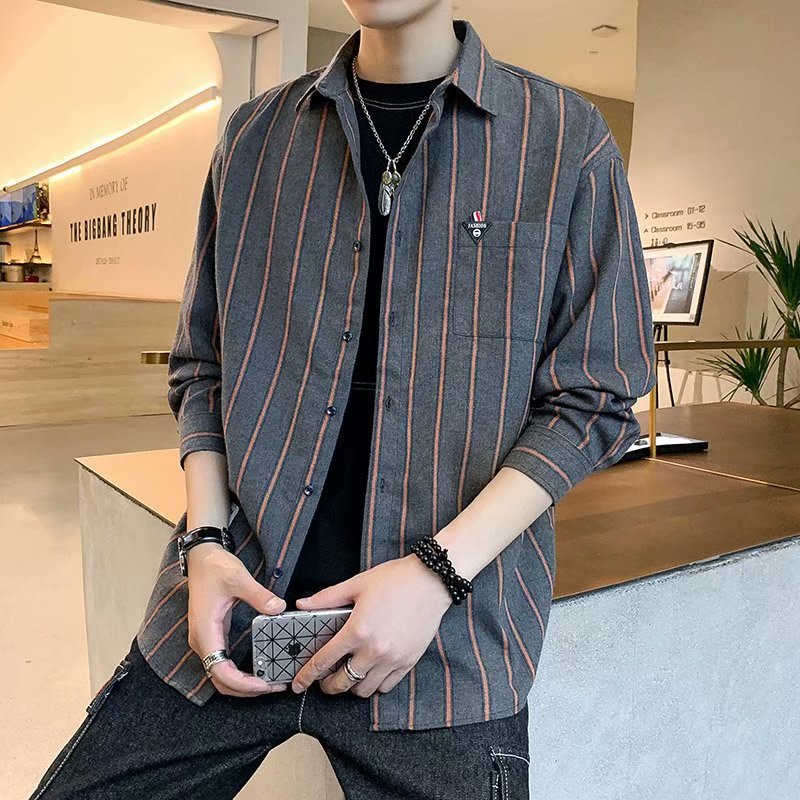 春秋季衬衫男长袖休闲韩版潮流男装宽松竖条纹衬衣上衣服寸衫外套