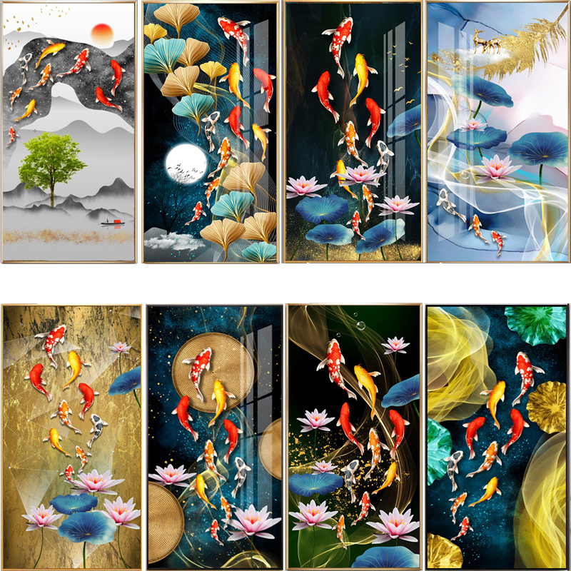 轻奢现代装饰画素材九鱼图荷花玄关卧室客厅高清设计晶瓷分层8幅