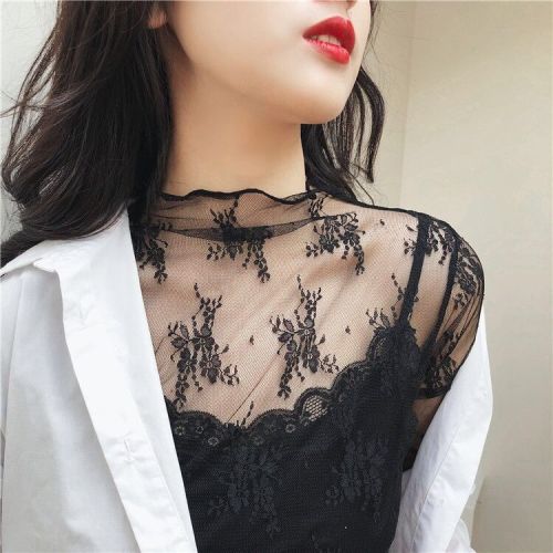 Super Fairy Inner Lace Bottoming Shirt Women‘s Spring and Autumn New Long Sleeve Sexy Hollow Mesh Top Half Turtleneck Lace Shirt
