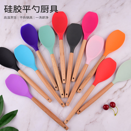 Factory Spot Household Kitchen Silicone Flat Spoon Amazon Color Salad Stirring Spoon Beech Handle Cooking Spoon