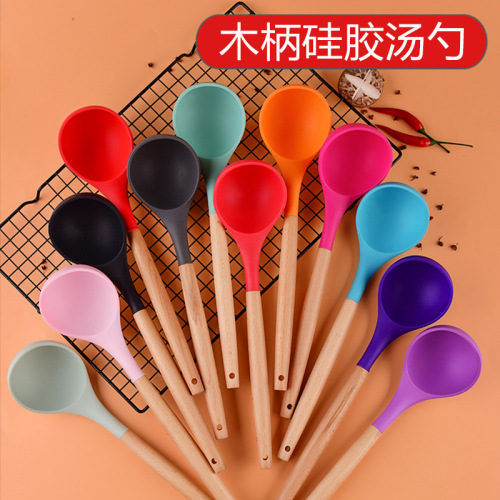 factory spot lengthened wooden handle soup spoon color cooking spoon kitchen tools wooden handle silicone soup spoon