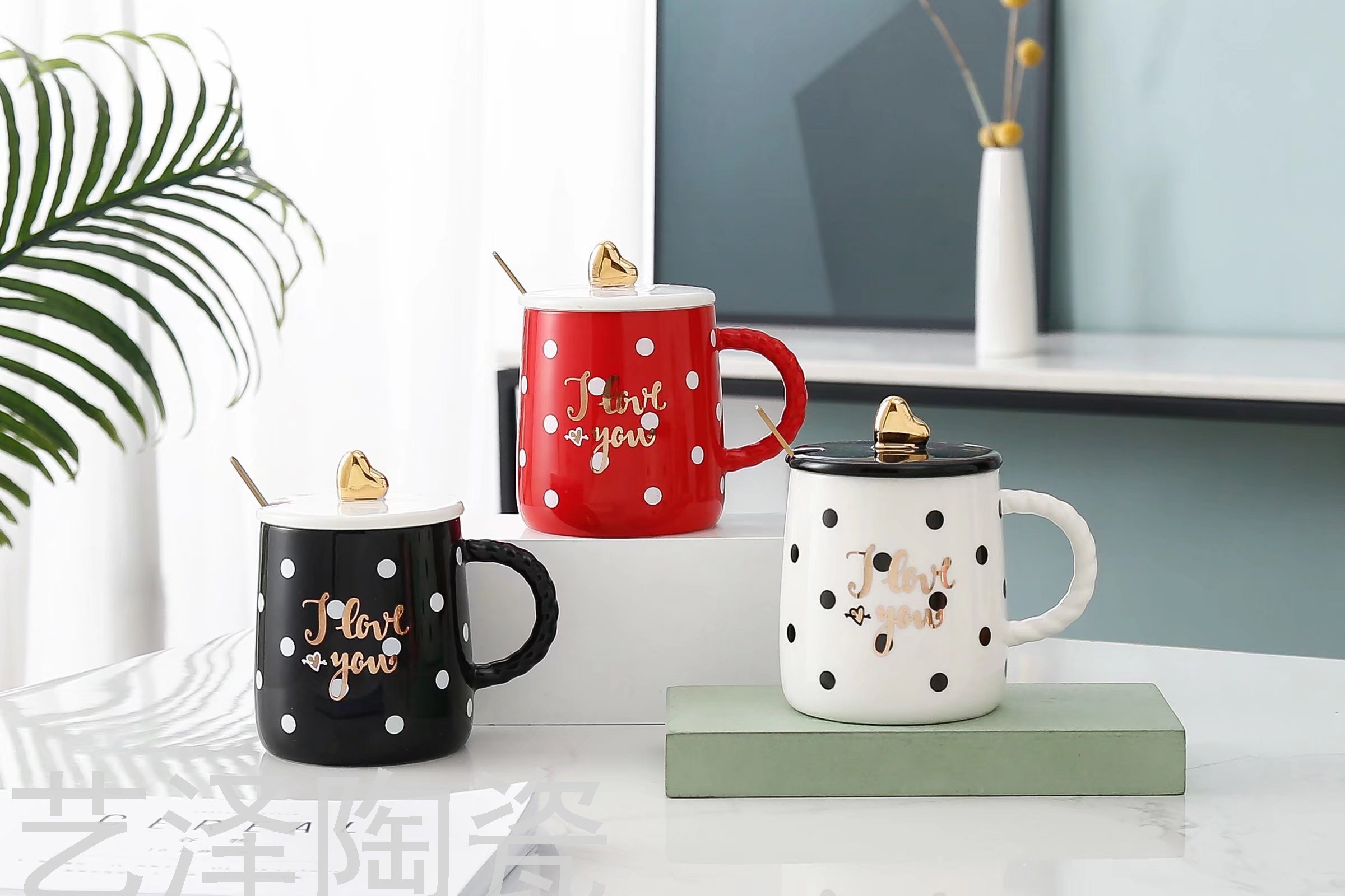 时尚波点情侣陶瓷杯爱心马克杯描金水杯大容量咖啡杯
