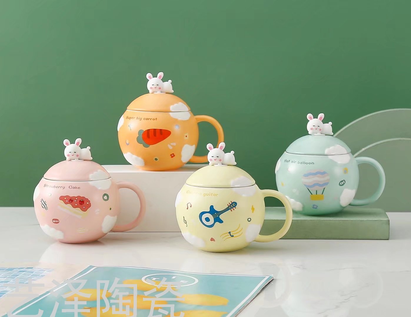 可爱小兔子陶瓷杯浮雕水杯色釉马克杯带盖勺咖啡杯