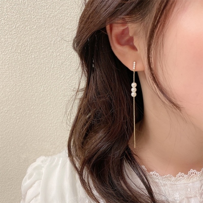 925 Silver Needle European and American Simple Design Pearl Diamond Tassel Earrings Temperament Wild Online Influencer Fashion Ear Studs Earrings