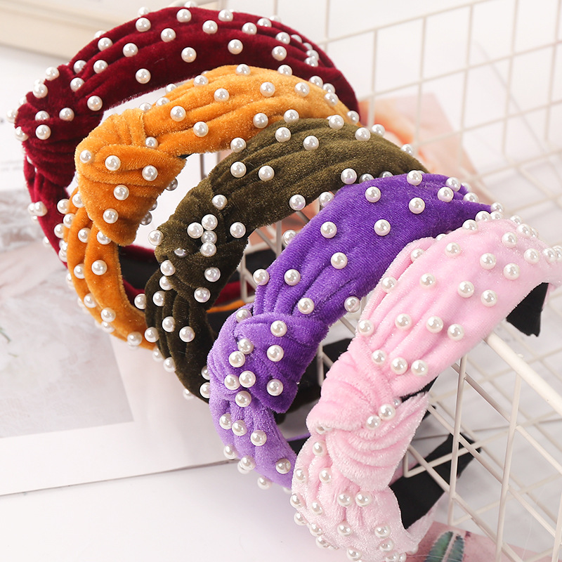 韩版新款简约钉珍珠打结金丝绒发箍宽边布艺头箍洗脸发饰压发头饰