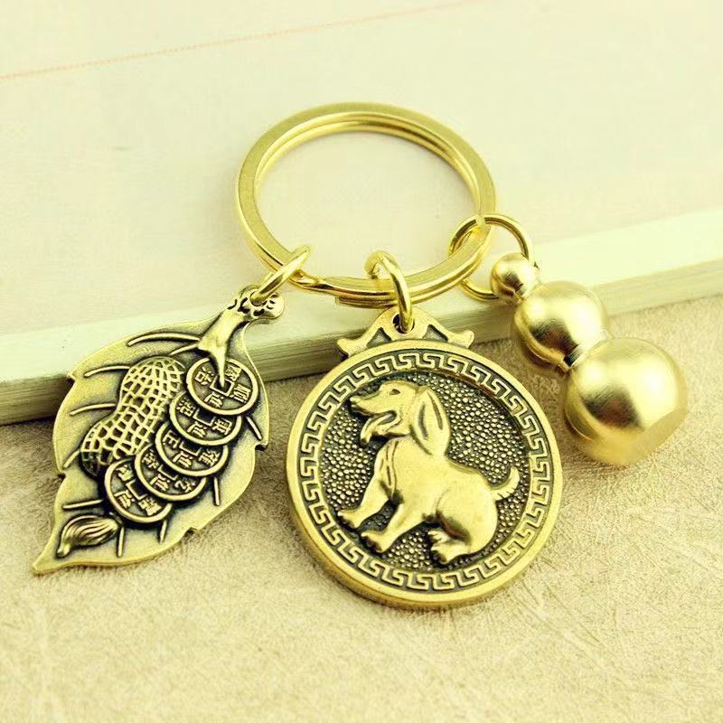 新款创意纯铜十二生肖钥匙扣汽车挂件一叶生财钥匙扣吊坠装饰批发