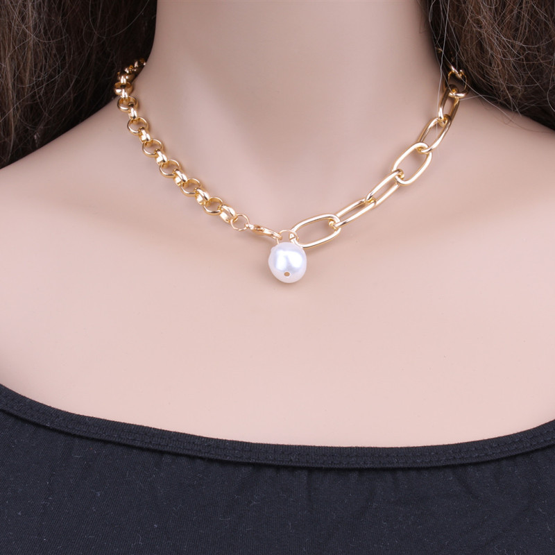 欧美跨境饰品 创意个性几何短款项饰 气质巴洛克异形珍珠项链女款