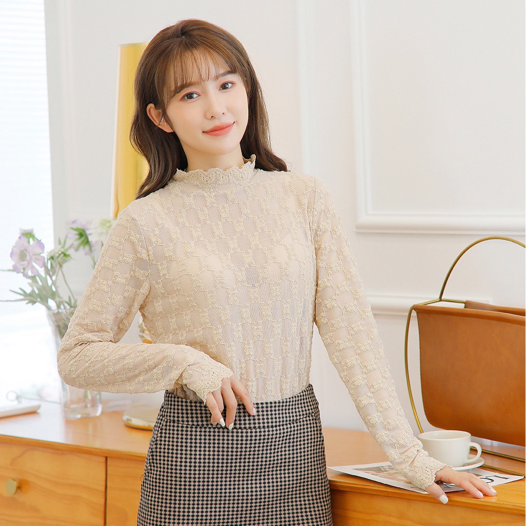 2021秋冬款雪尼尔网纱蕾丝打底衫女半高领镂空衫内搭保暖长袖上衣
