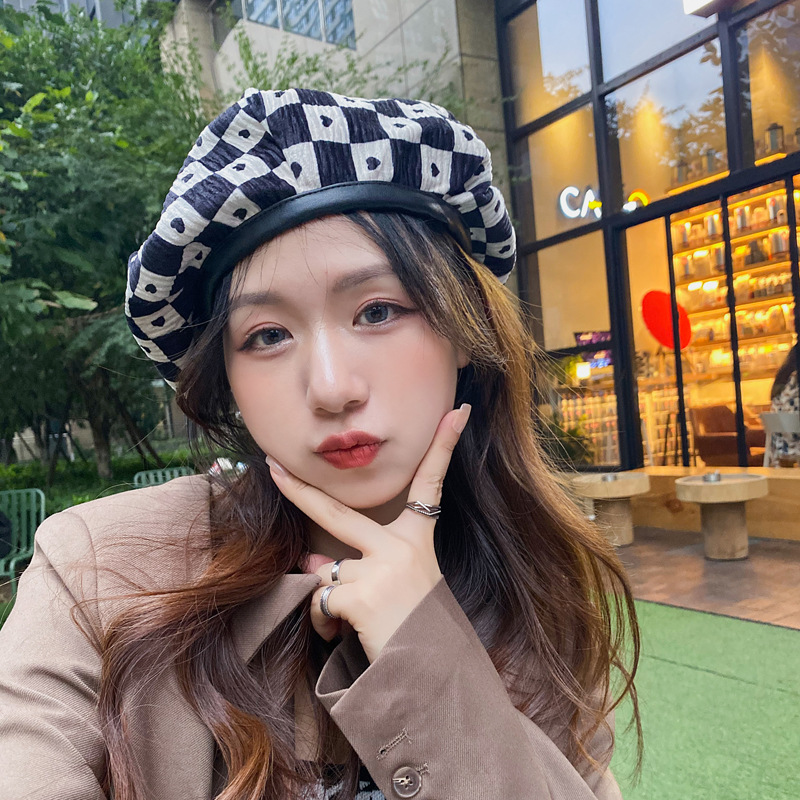 韩版ins爱心棋盘格贝雷帽秋冬百搭云朵帽大头围淑女潮复古画家帽