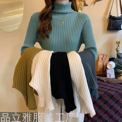 Women‘s Clothing 2021 Autumn and Winter New Solid Color Slim High Elastic Bottoming Shirt Women‘s Long Sleeve Striped Half Turtleneck Knitted Sweater