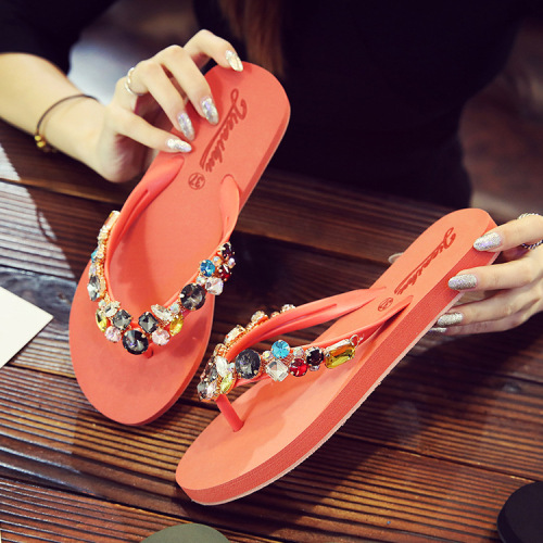 women‘s summer fashion rhinestone sandals beach sandals all-match outdoor flat flip flops