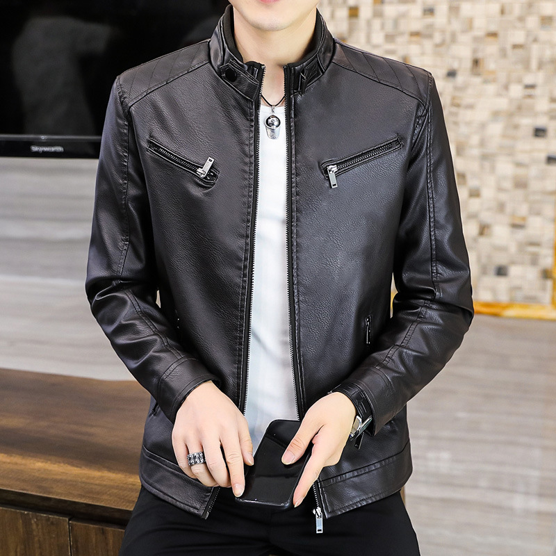 秋冬新款男装青年皮夹克男PU皮衣男圆领机车服抖音直播外套男加绒