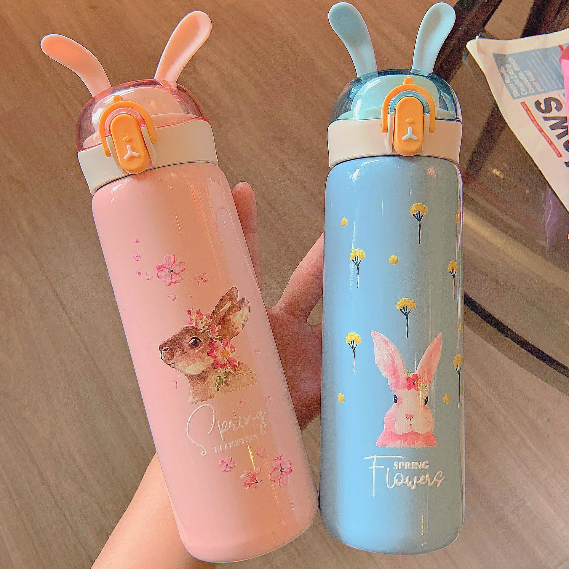 创意兔子弹盖保温杯情侣ins风网红可爱水杯便携内外304不锈钢杯子