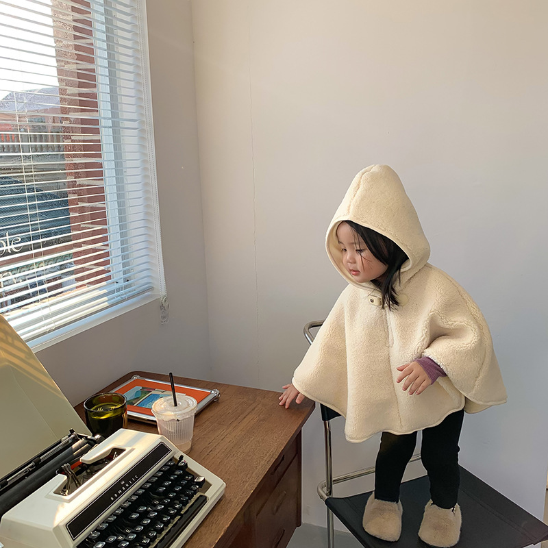 1Door女童羊羔毛斗篷连帽童装儿童加绒加厚斗篷上衣外出服