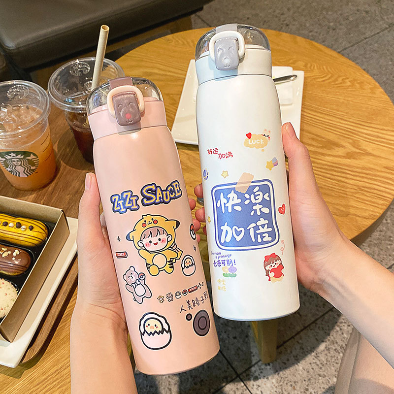 新款弹盖带吸管不锈钢保温杯高颜值学生水杯便携真空杯子情侣礼品