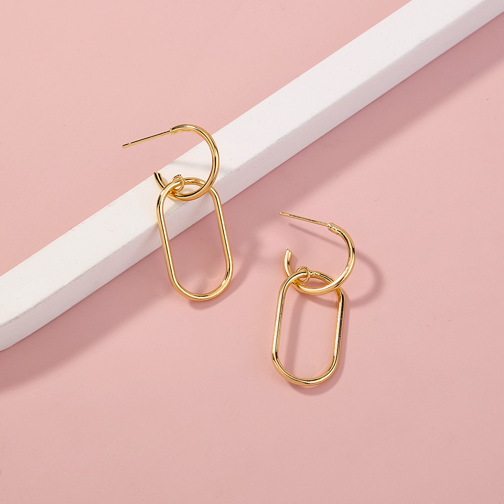 欧美潮流饰品 简约冷淡风几何形圈圈吊坠耳钉 C形长款百搭耳环