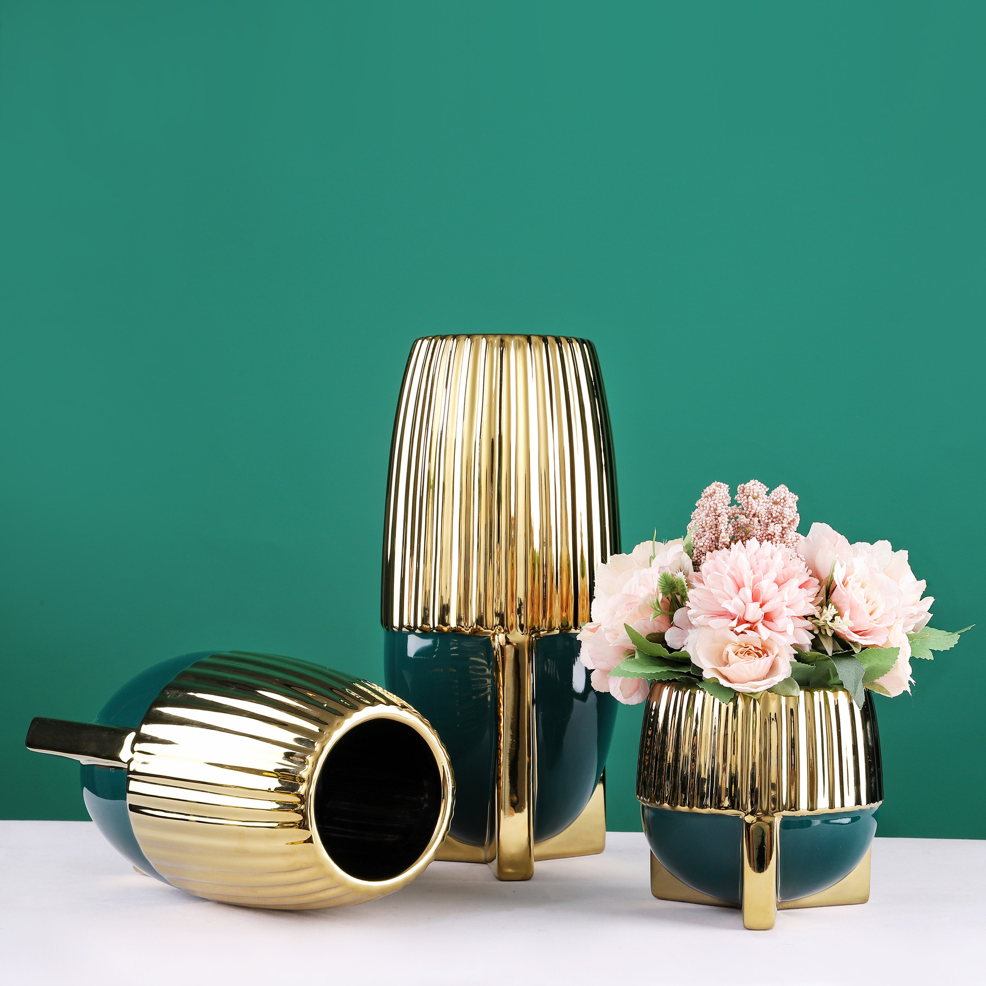 电镀复古陶瓷花瓶北欧创意家居客厅桌面装饰摆件墨绿金色插花花器