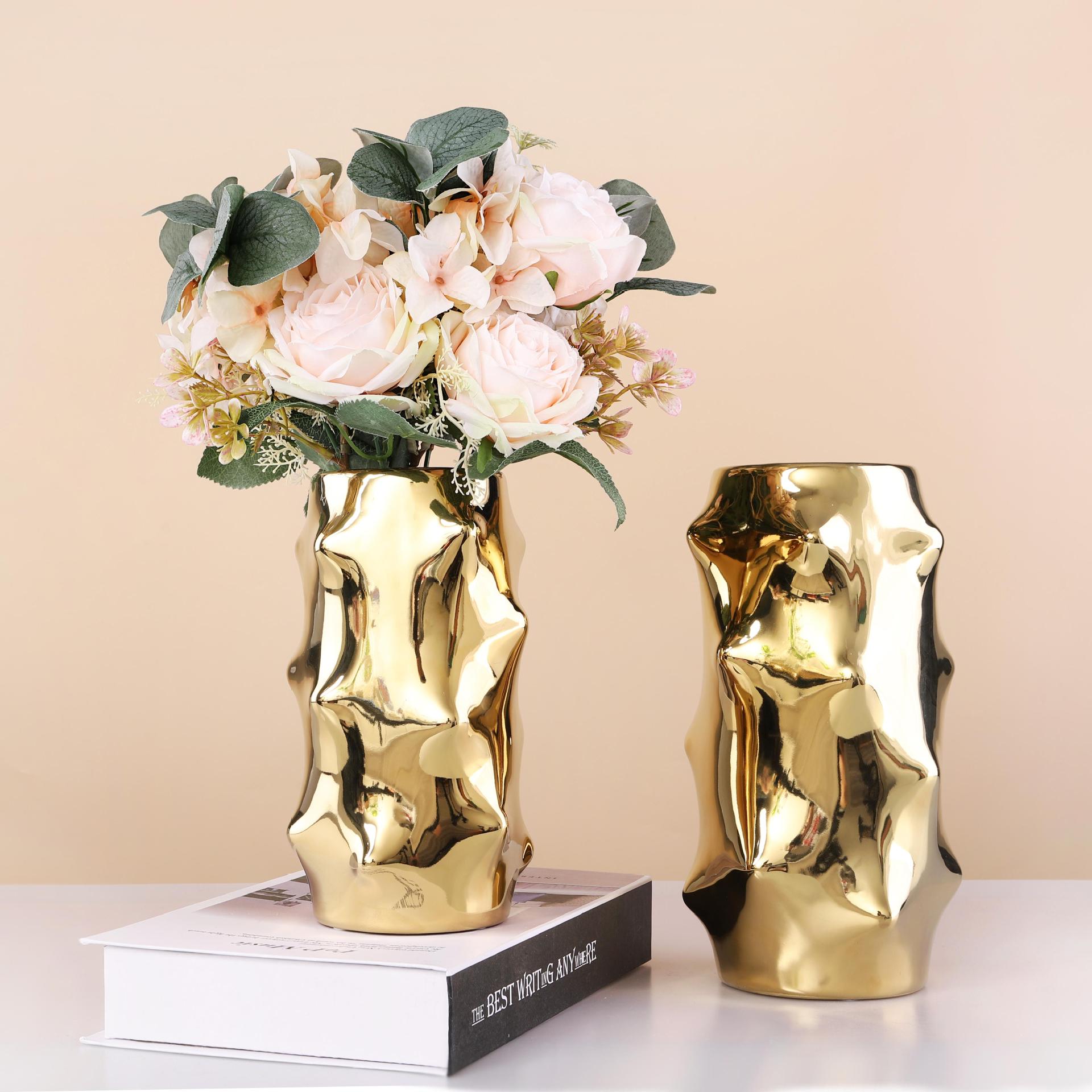 北欧电镀金色陶瓷花瓶创意样板房花盆客厅摆件家居装饰插花器批发