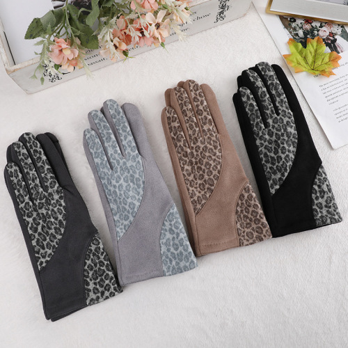 Fashion Autumn and Winter Women‘s Leopard Print with Velvet Wool Gloves Warm-Keeping and Cold-Proof Thickened Outdoor Sports Riding Gloves
