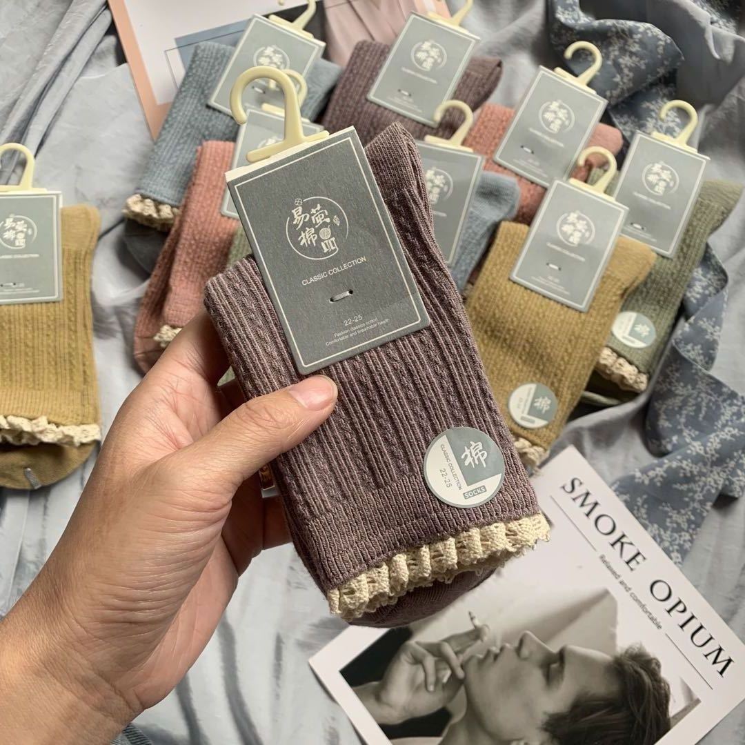 2021秋冬新款精梳棉女士碎花边中筒袜ins潮流主播同款糖果色袜子