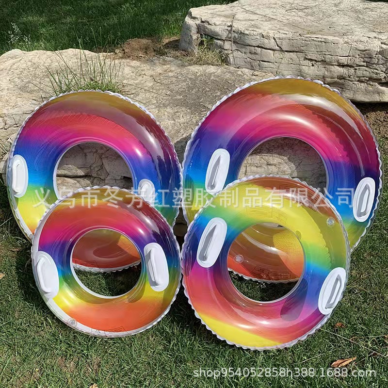 夏季新款成人儿童水上充气带把手泳圈透明彩虹泳圈救生圈批发
