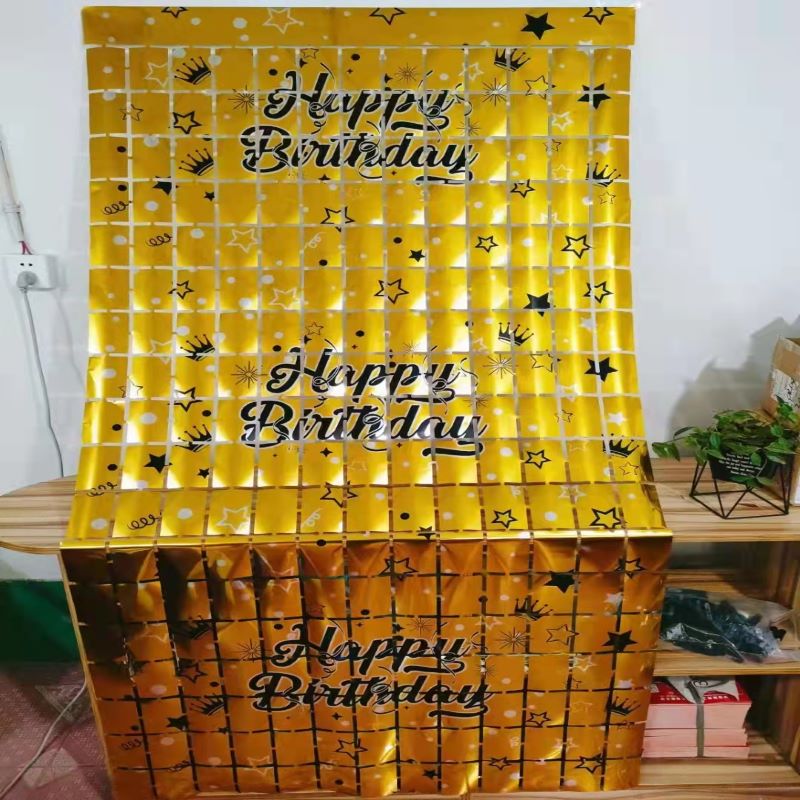 新款炫彩方块雨丝帘印生日快乐背景雨丝门帘方块雨丝帘节日聚会