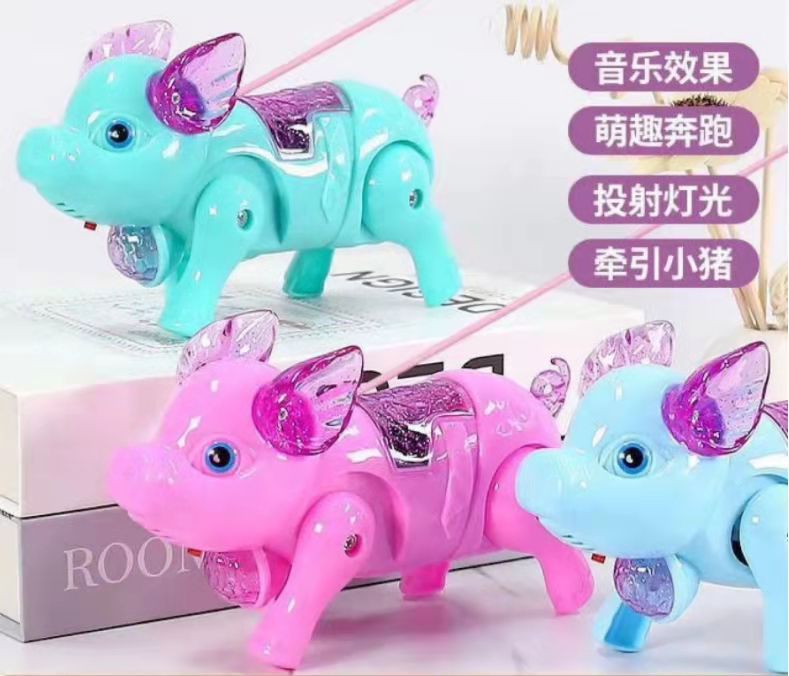 动感音乐电动猪带投影趣萌牵绳爬行启蒙益智动物小猪儿童发光玩具