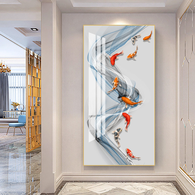 新中式轻奢游鱼图玄关装饰画客厅入户背景墙壁挂竖版晶瓷走廊墙画