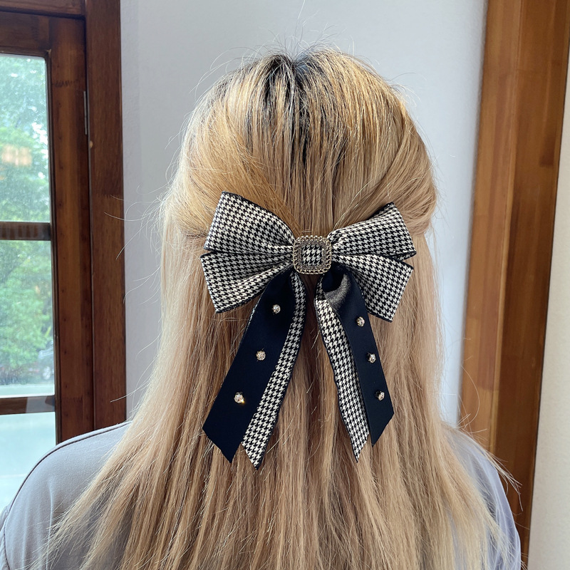 韩版发饰小香风水钻双层千鸟格格纹蝴蝶结顶夹女后脑勺弹簧夹发夹