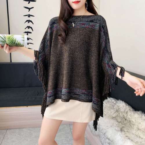 Shawl Autumn and Winter New Cross-Border European and American Foreign Trade Shawl Cape Sweater Tassel Hem Color Cardigan for Women
