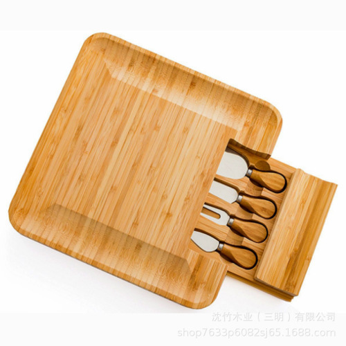 Bamboo Drawer Cheese Board Set （Including 4 Cheese Knives） square Cheese Board Cheese Board Vegetable Chopping Board
